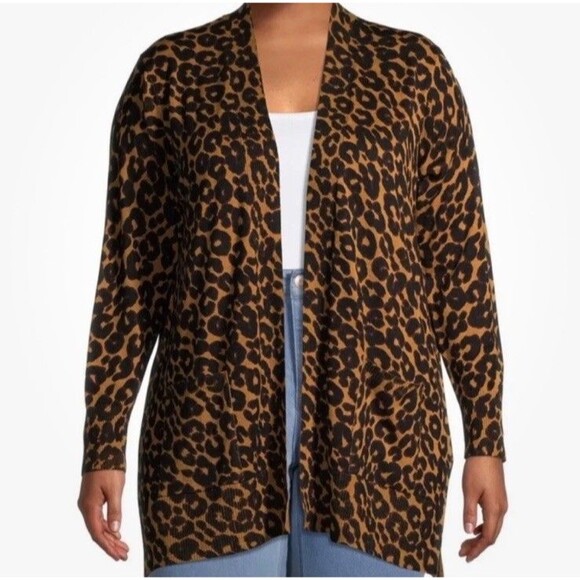 NWT Terra & Sky Women’s Plus Brown Leopard Print Open Knit Cardigan- Size 1X - Picture 1 of 10